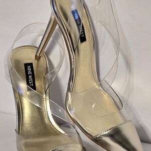 NINE WEST Women Glamorous 7.5 M Luxe Gold Barely There Clear Statement Heels NIB